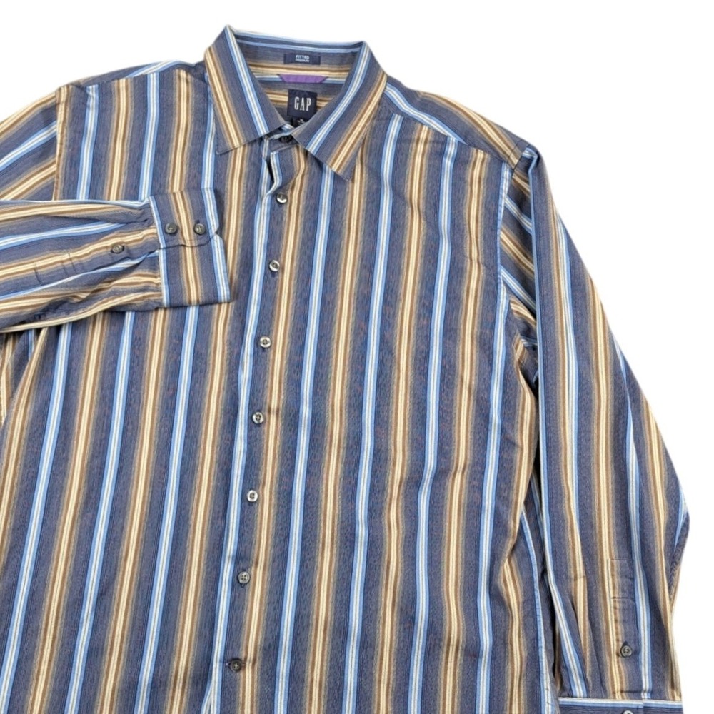 Gap Mens XL Fitted Premium Button Down Shirt Blue Brown Vertical Stripe 12/05